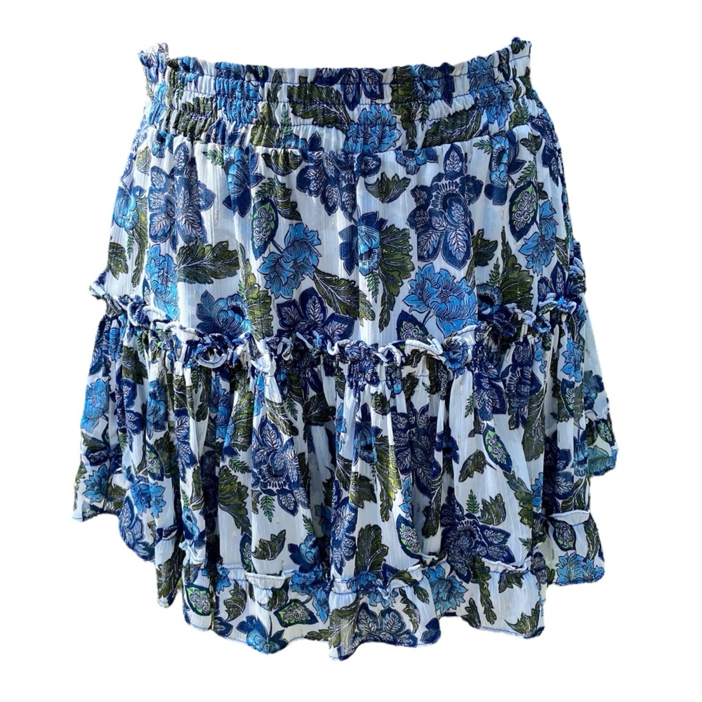 Smocked Mini Skirt by Misa Los Angeles - Floral Chiffon Blue Marion. Size M - Picture 4 of 9